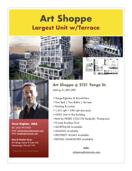 2131 Yonge St - Art Shoppe Condos for Sale - 1312 sqft w: Terrace - FLYER - Call Yossi Kaplan