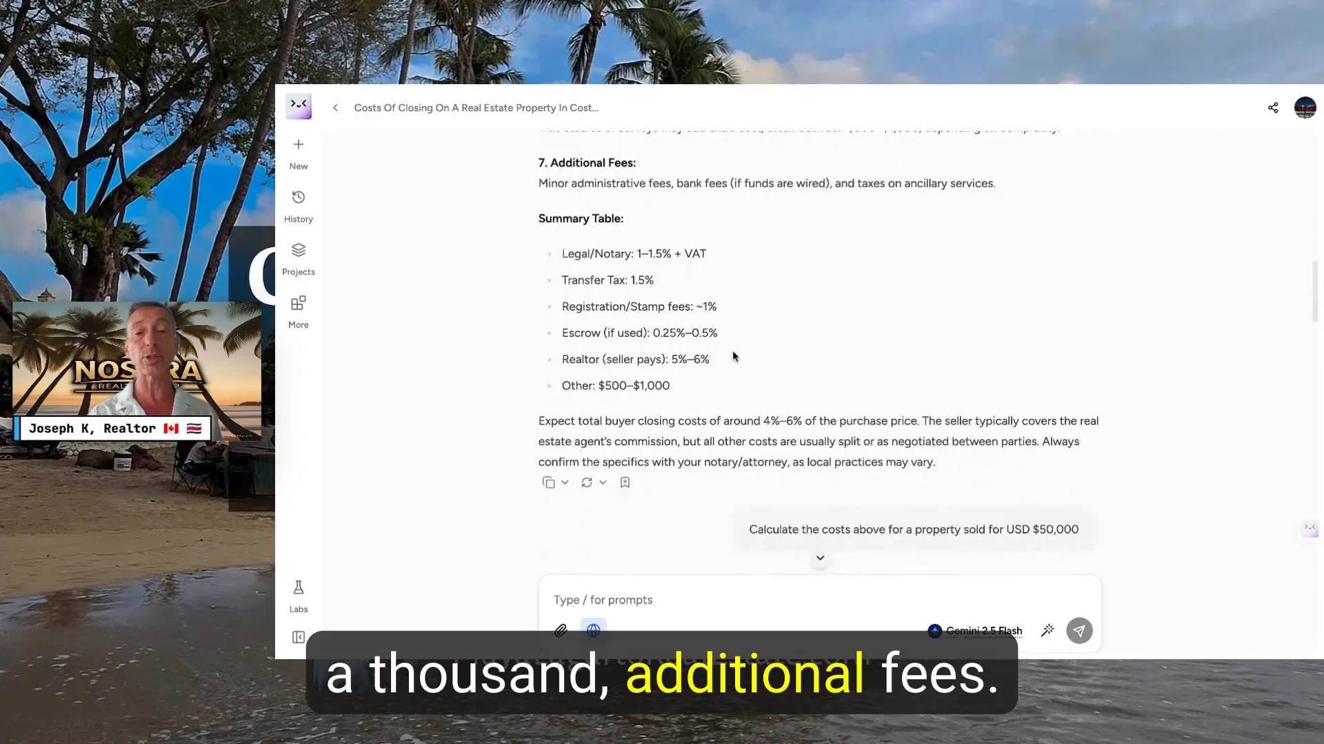Summary table of all real estate sale costs in Costa Rica