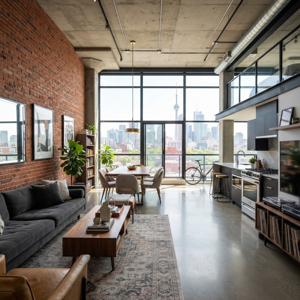 Modern hard loft interior in King West Toronto with exposed brick wall, concrete ceiling and floor-to-ceiling windows
