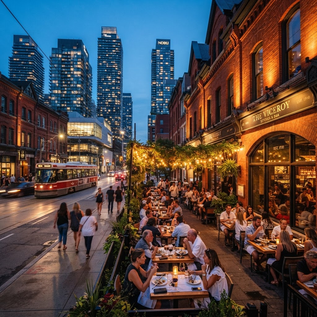 Outdoor patio dining along King Street West at dusk with modern Toronto condo towers in the background