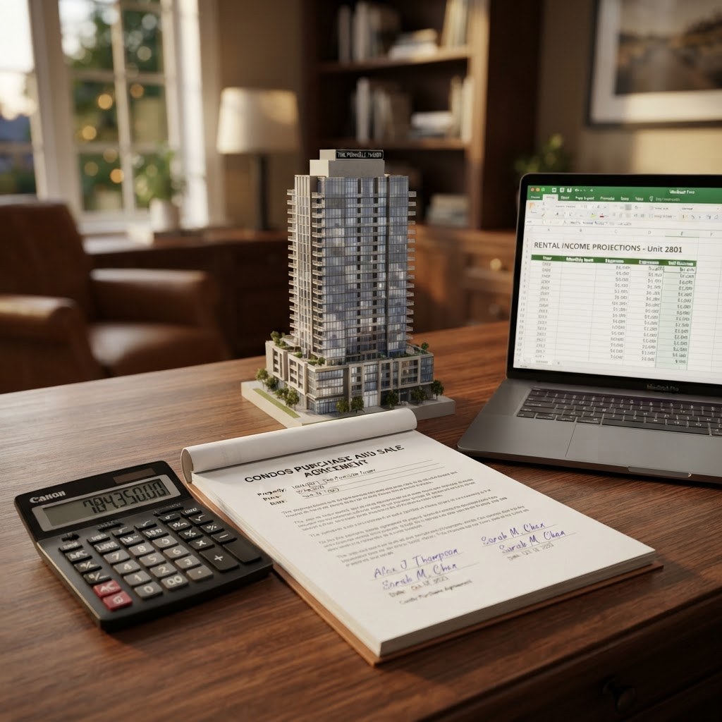 Calculator, purchase agreement and rental income spreadsheet for Toronto condo investing
