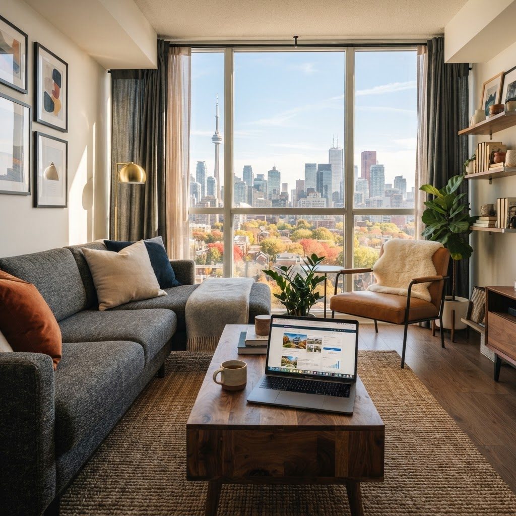 Toronto condo living room with skyline view, researching building guides online