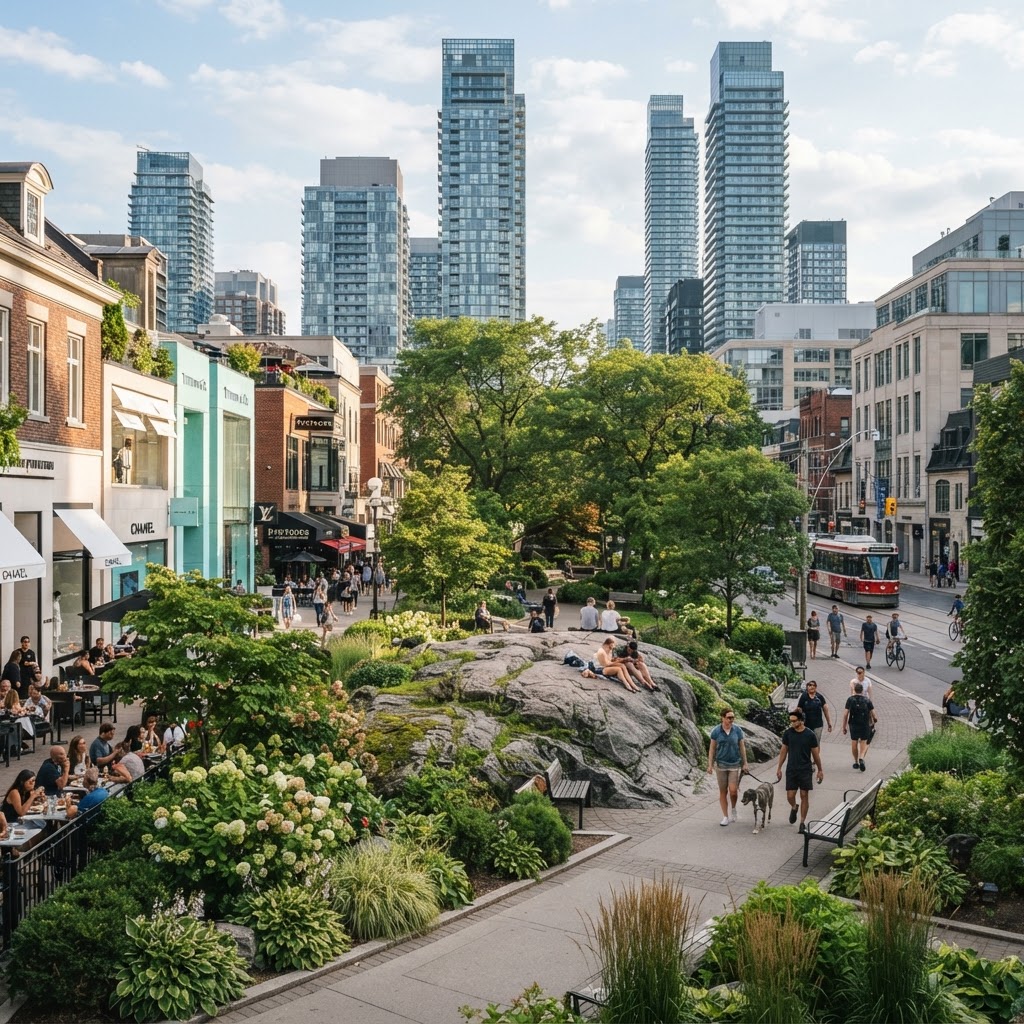 Village of Yorkville Park with rock landmark and luxury condo towers photo