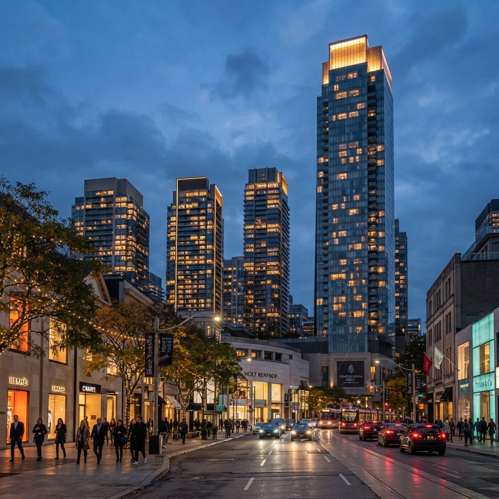 Yorkville condo towers lit up at dusk near Bloor Street in Toronto