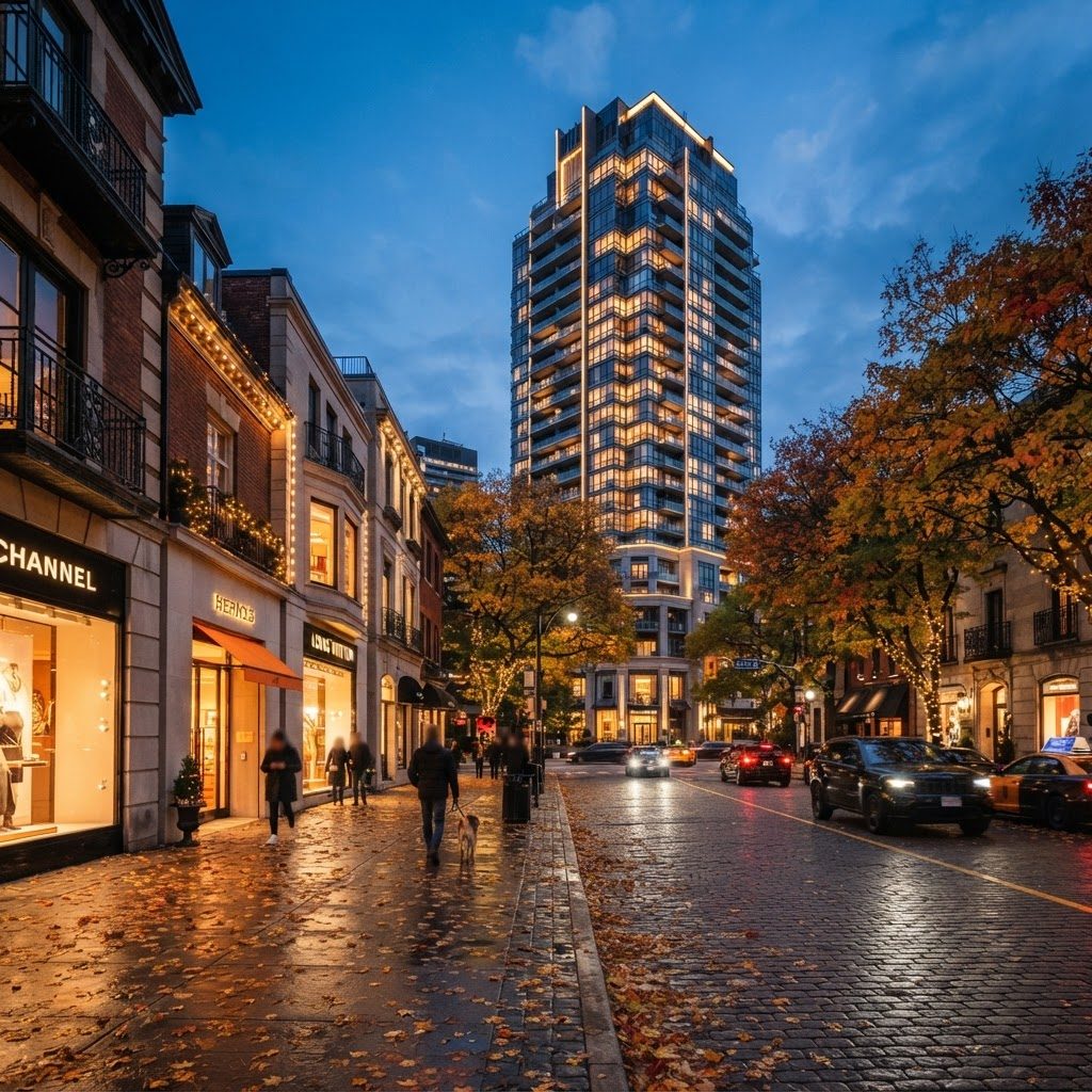 Yorkville luxury condo tower on a fall evening in Toronto