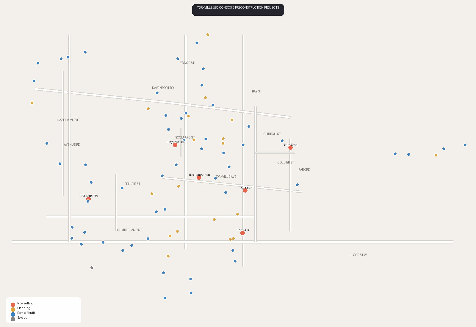 Map of 80 Yorkville condos and preconstruction projects, colour-coded by sales status